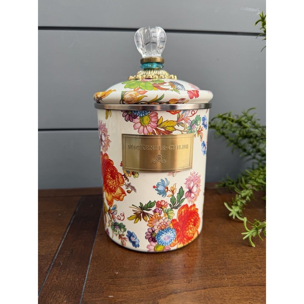 MacKenzie-Childs White Flower Market Enameled Medium 8.5" Canister NWOB Pretty!